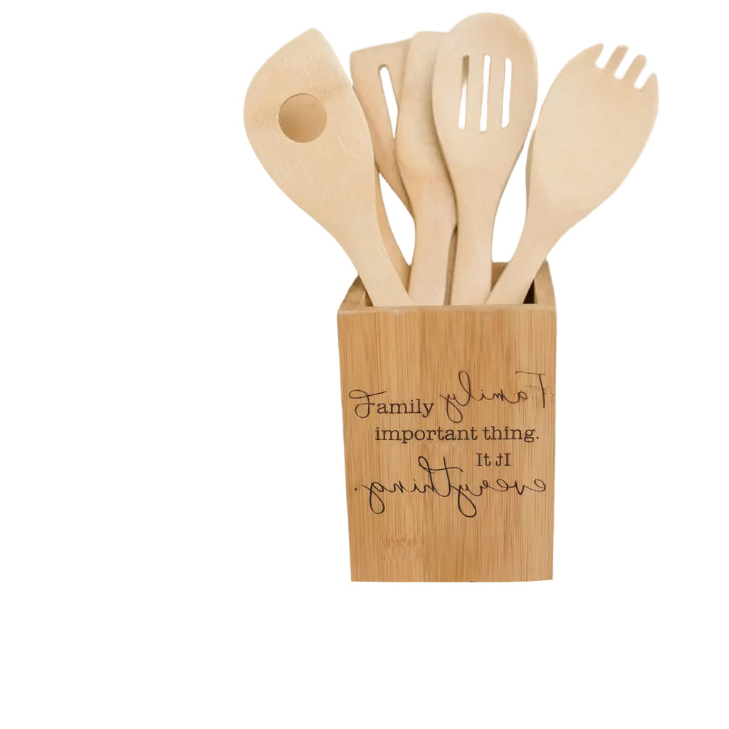 Bamboo Kitchen Utensil Holder, Kitchen Decor with Family Quote, Housewarming Gifts, Christmas Gift for Mom, Birthday Gifts for Mother